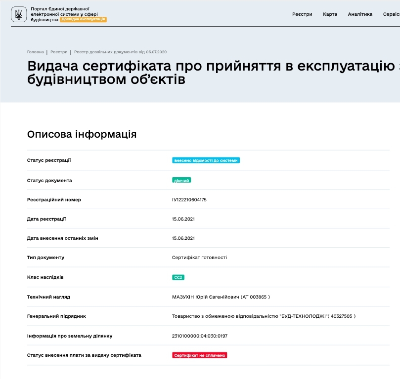 Сертифікат про готовність Секция 2, ЖК Comfort City