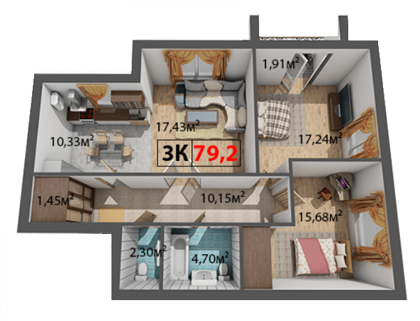 3-комнатная 79.2 м² в ЖК Квартал Венский от 14 200 грн/м², Ивано-Франковск