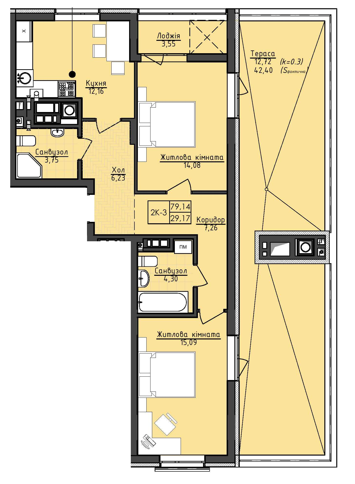 2-комнатная 79.14 м² в ЖК Deluxe-2 от застройщика, Львов