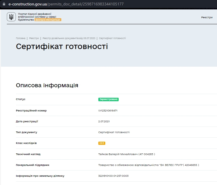 Сертифікат про готовність Дом 2, секция 4.2, ЖК Вишгород Сіті Парк