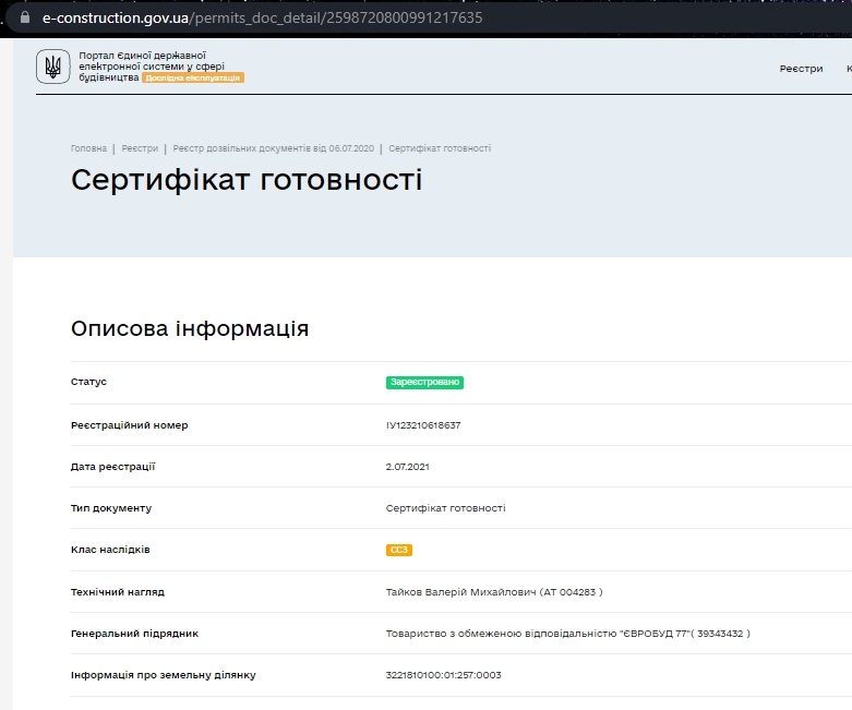 Сертифікат про готовність Дом 2, секция 6, ЖК Вишгород Сіті Парк
