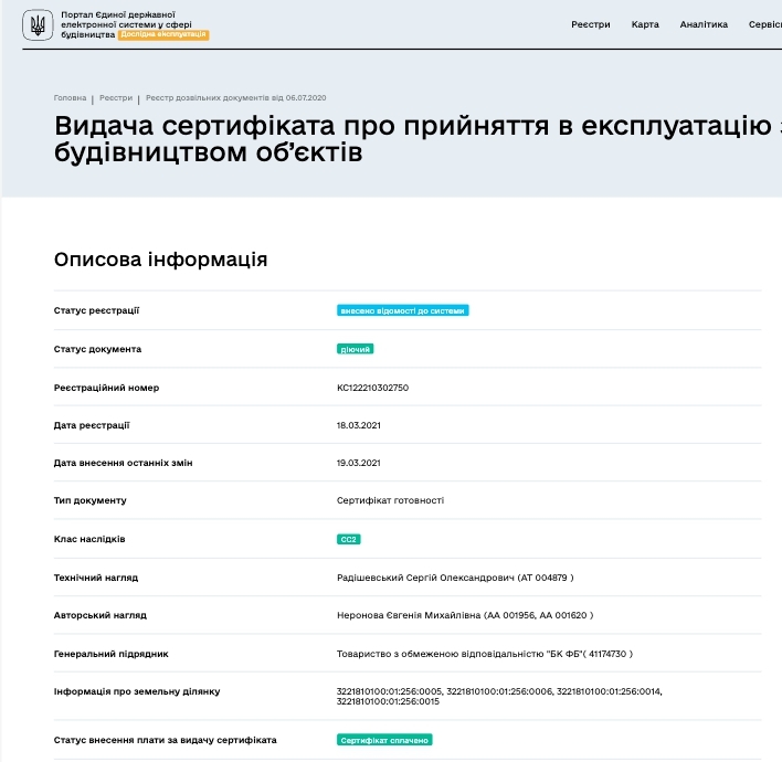 Сертифікат про готовність Секции 1-3, ЖК Борисо-Глібський