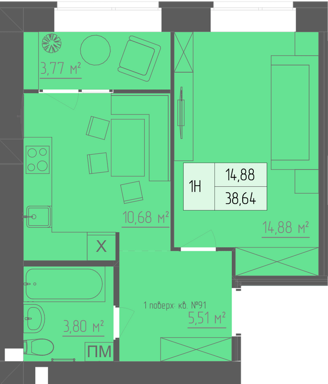 1-комнатная 38.64 м² в ЖК Abricos от 16 450 грн/м², Ровно