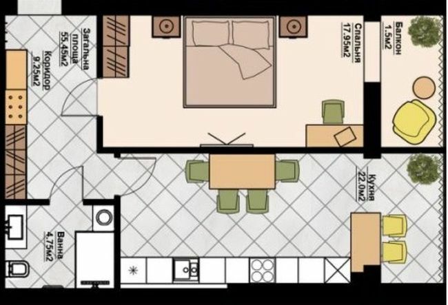 1-комнатная 55.45 м² в ЖК Счастливая семья от 19 800 грн/м², Черновцы