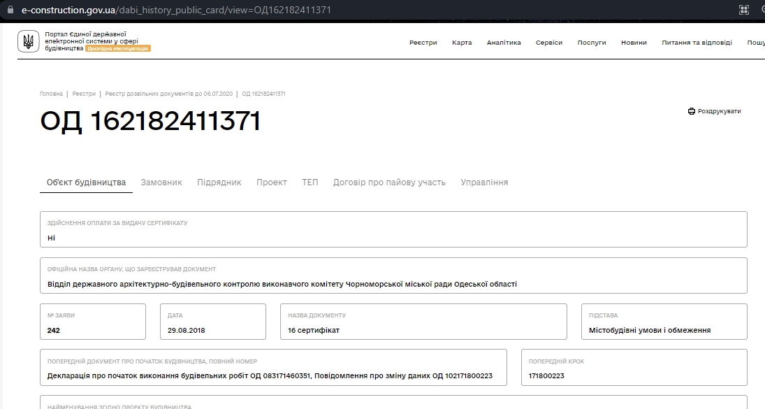 Сертифікат про готовність Дом 2, ЖК Парус