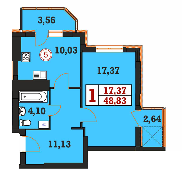 1-комнатная 48.83 м² в ЖК Гетманский от 17 200 грн/м², Хмельницкий