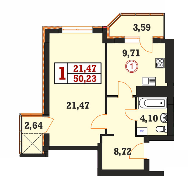 1-комнатная 50.23 м² в ЖК Гетманский от 17 200 грн/м², Хмельницкий