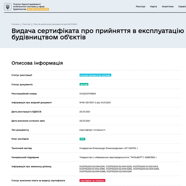 Сертифікат про готовність Очередь 14, ЖМ Сьоме Небо