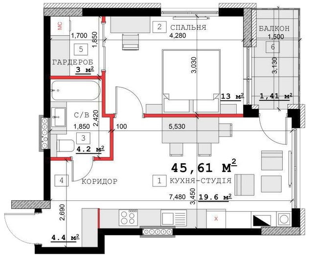 1-комнатная 45.61 м² в ЖК на вул. Суворова, 14, 16Б, 16В от 12 000 грн/м², г. Каменец-Подольский