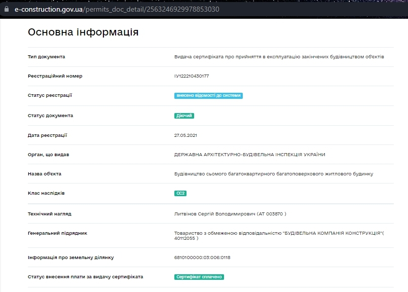 Сертификат о готовности Дом 1, секция 4, ЖК Spring Town