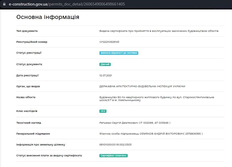 Сертификат о готовности Дом 5, Секция 5/3б, ЖК на Старокостянтинівському шосе, 5/2, 5/2А, 5/4Б, 5/4В