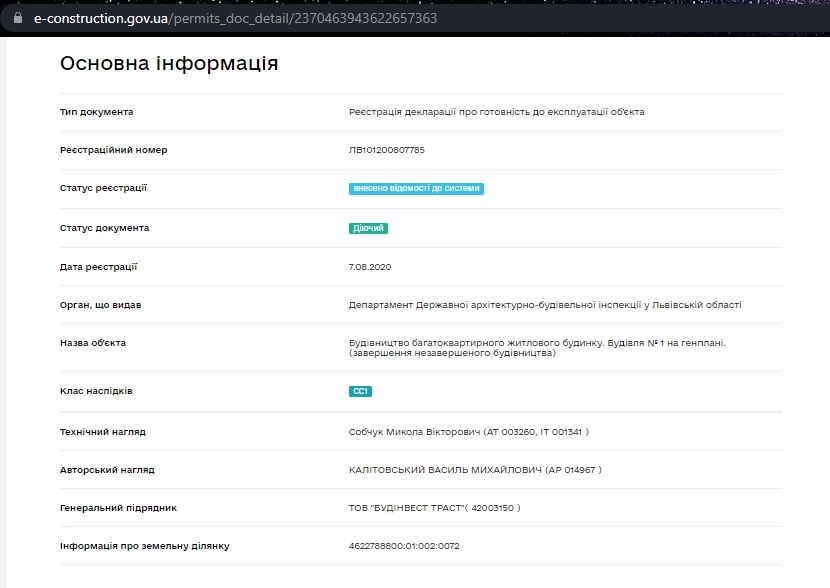 Сертификат о готовности Секция 1, ЖК Нова Жовква