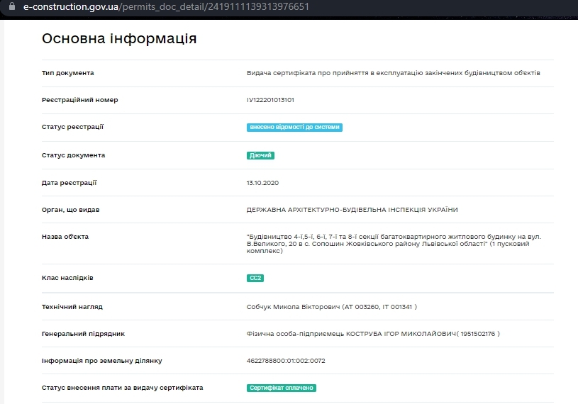 Сертификат о готовности Секция 6, ЖК Нова Жовква