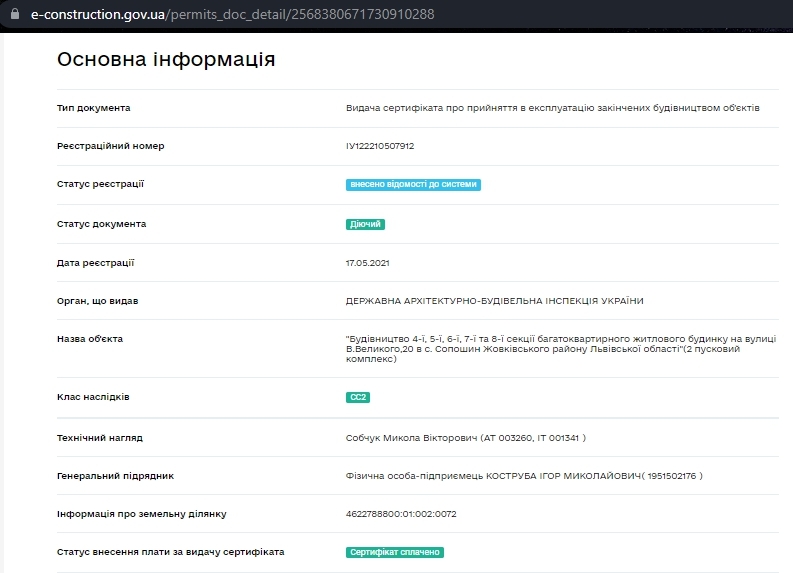 Сертификат о готовности Секция 7, ЖК Нова Жовква