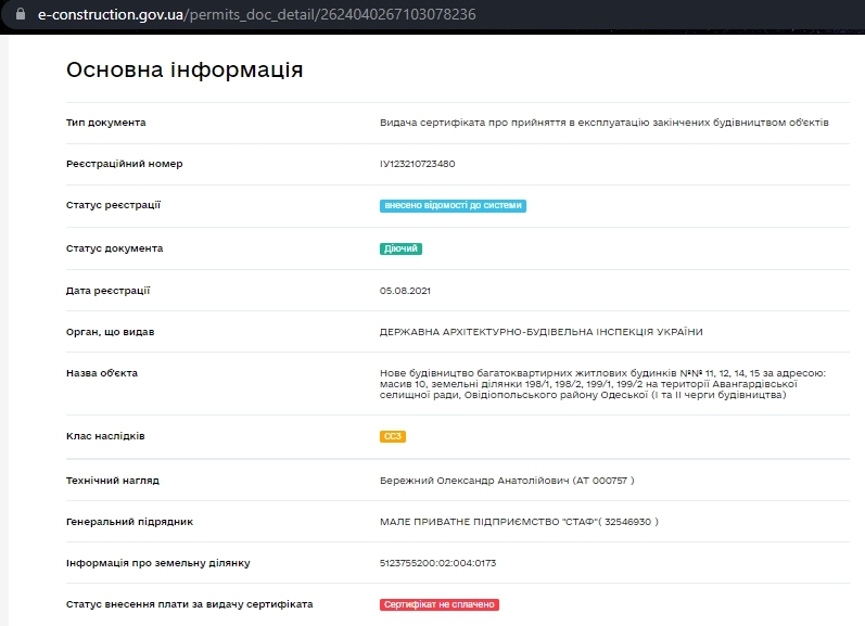 Сертифікат про готовність Дом 12, ЖМ ARTVILLE