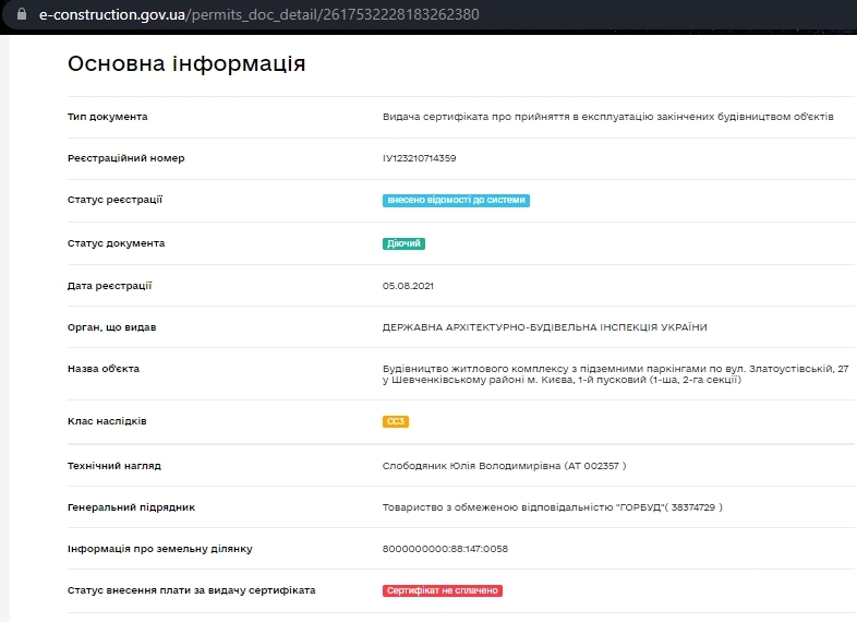 Сертифікат про готовність Секция 2, ЖК Шевченківський