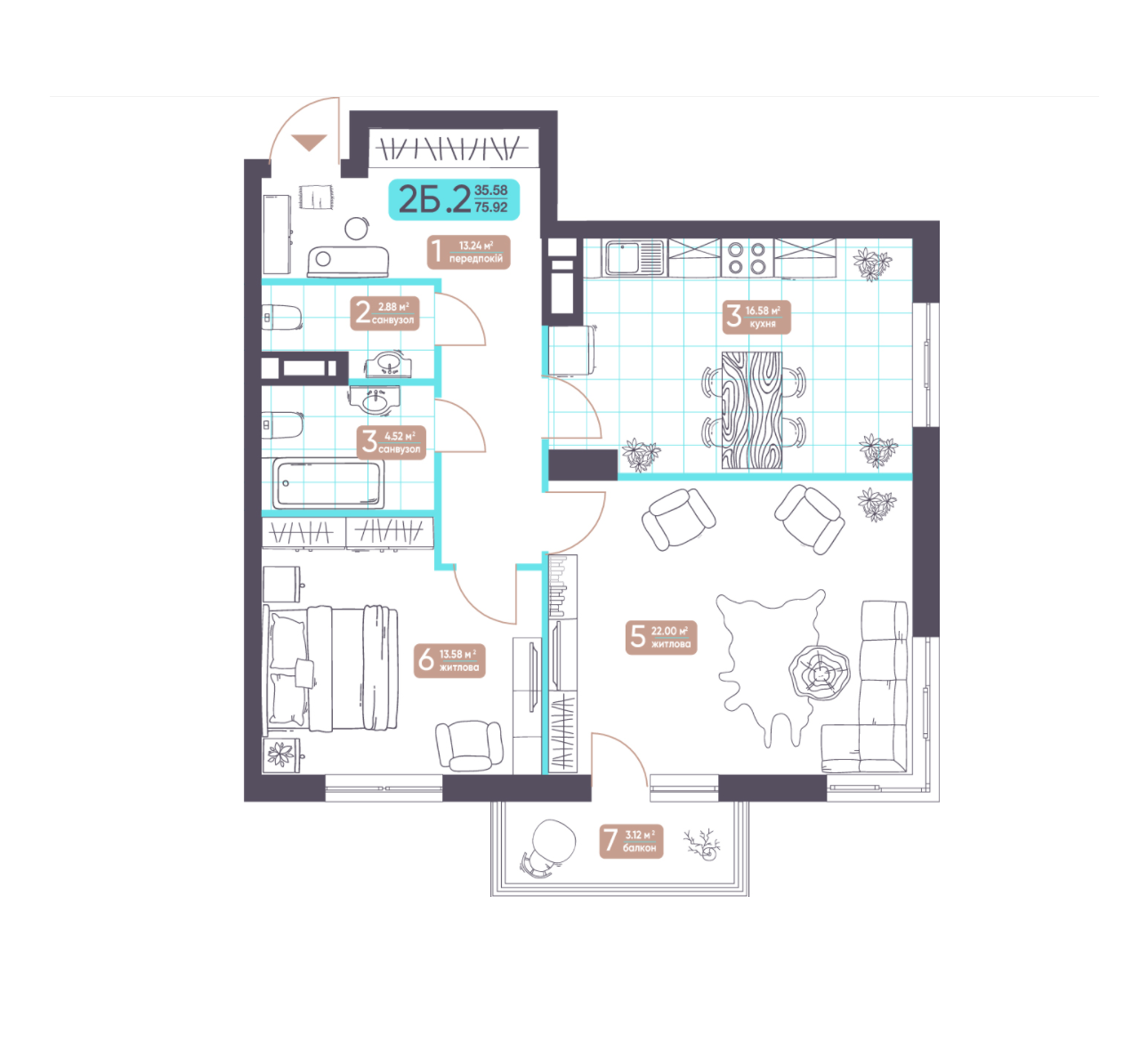 2-кімнатна 75.92 м² в ЖК Теремки від 28 600 грн/м², Київ
