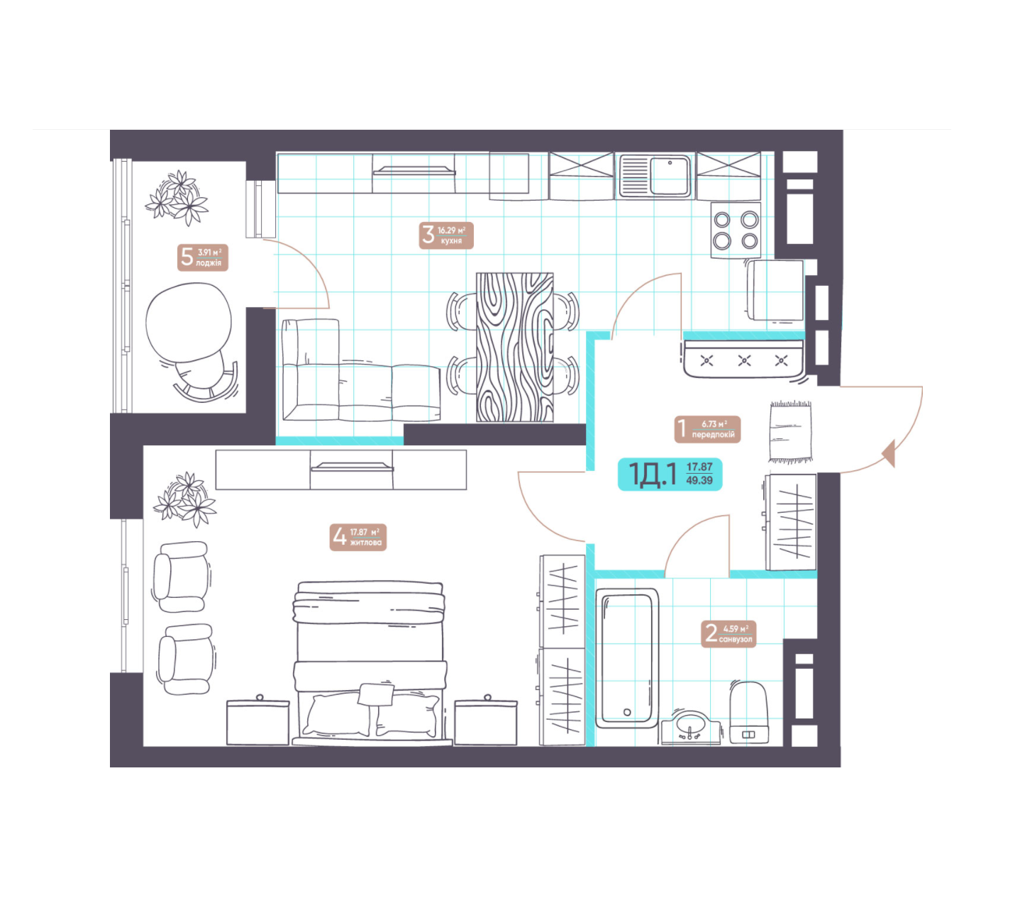 1-кімнатна 49.39 м² в ЖК Теремки від 31 800 грн/м², Київ