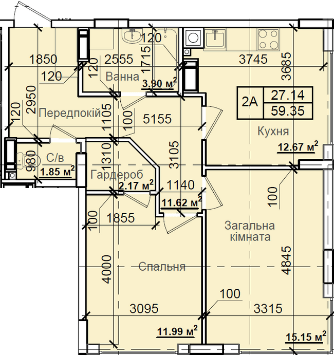 2-кімнатна 59.35 м² в ЖК Петрівський квартал від 18 000 грн/м², с. Святопетрівське