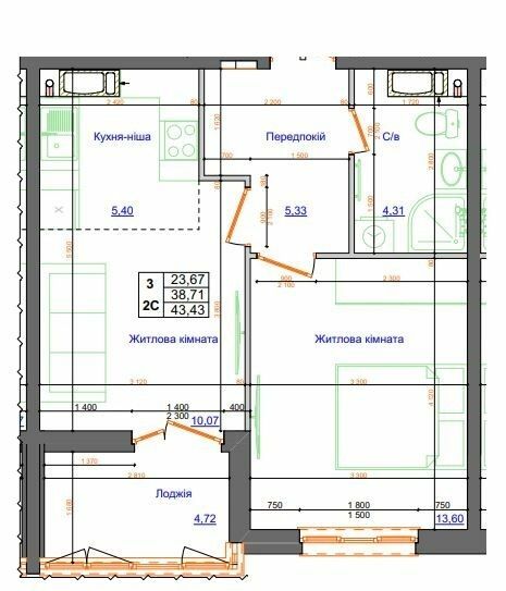 1-кімнатна 43.43 м² в ЖК АТЛАНТ (Коцюбинське) від 23 100 грн/м², смт Коцюбинське