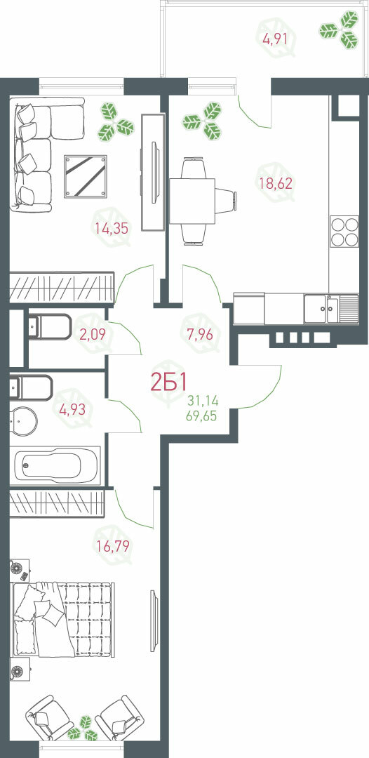 2-комнатная 69.65 м² в ЖК Озерный гай (Гатное) от 24 600 грн/м², с. Гатное