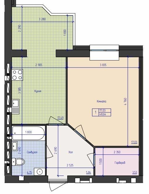 1-комнатная 48.64 м² в ЖК Премиум Парк от 20 000 грн/м², Житомир