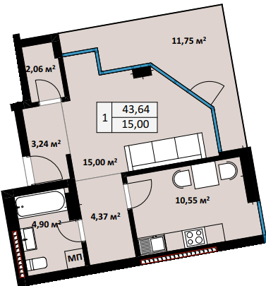 1-кімнатна 43.64 м² в ЖК Uzh Towers від 20 000 грн/м², Ужгород