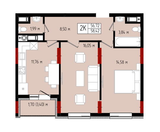 2-кімнатна 58.42 м² в ЖК Квартал №5 від 17 500 грн/м², Івано-Франківськ