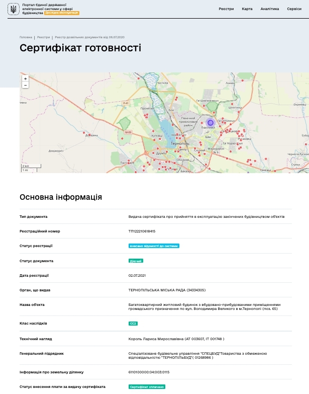Сертифікат про готовність Жилой комплекс, ЖК на вул. Володимира Великого