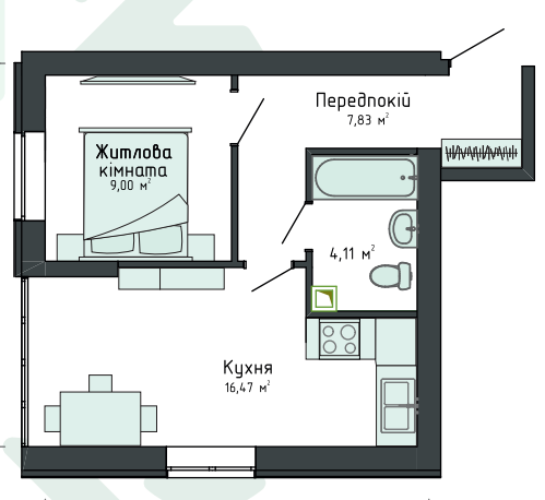 1-комнатная 36.76 м² в Клубная резиденция O`Club от 31 104 грн/м², с. Крюковщина