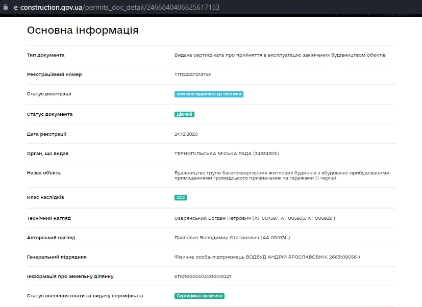 Сертифікат про готовність Дом 1, ЖК Затишний двір