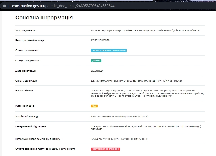 Сертификат о готовности Дом 9, ЖК Озерный гай (Гатное)