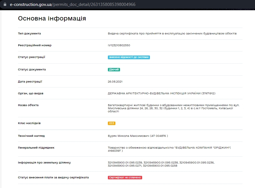 Сертифікат про готовність 1 дом, ЖК Авіатор