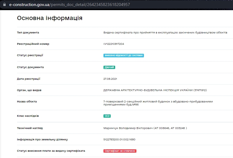 Сертифікат про готовність 1 дом, ЖК ЛісSky