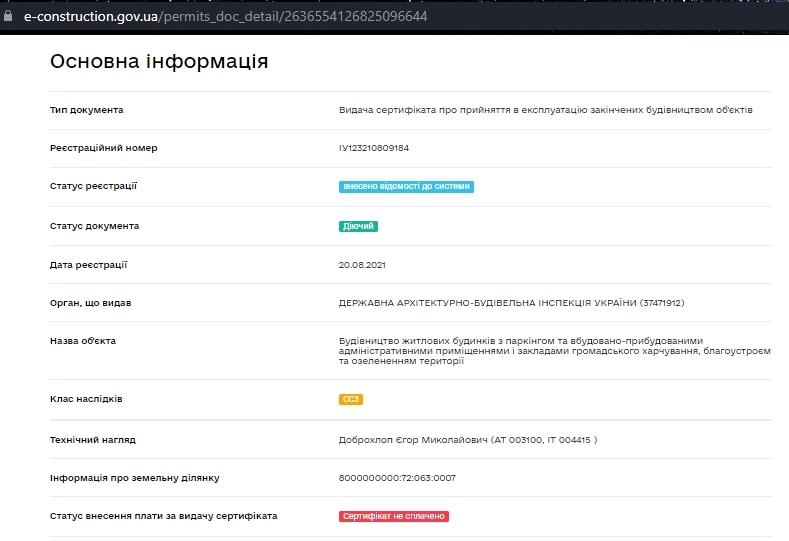 Сертификат о готовности Дом 1, ЖК Time