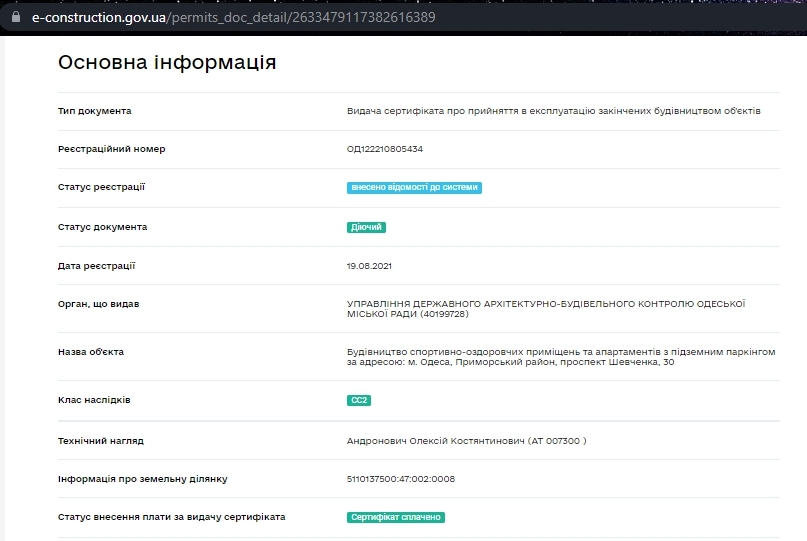 Сертифікат про готовність Дом, ЖК Олімпієць