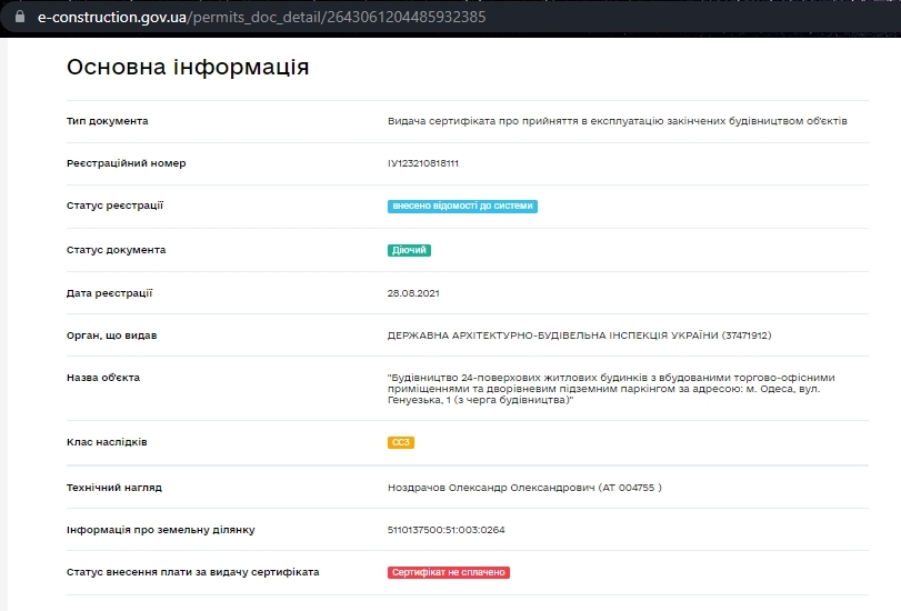 Сертифікат про готовність 1 дом, ЖК Елегія Парк