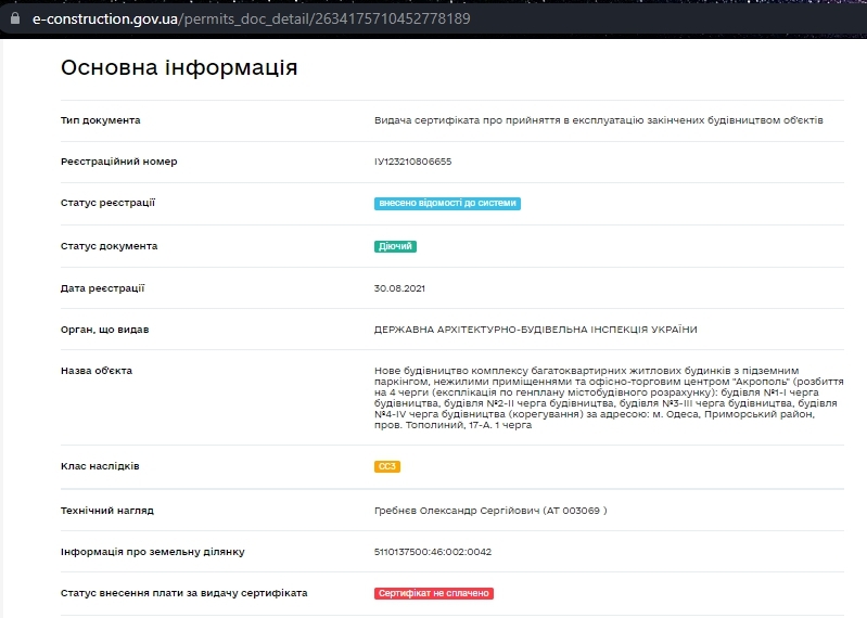 Сертифікат про готовність 1 дом, ЖК Акрополь
