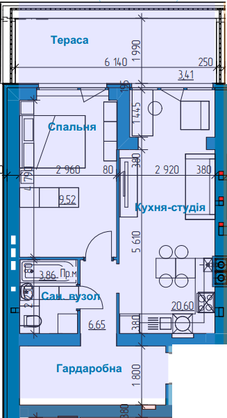 1-кімнатна 52.03 м² в ЖК в Лісовій Бучі від 19 500 грн/м², м. Буча