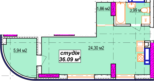 Студія 36.09 м² в ЖК Aura city від 41 000 грн/м², Київ