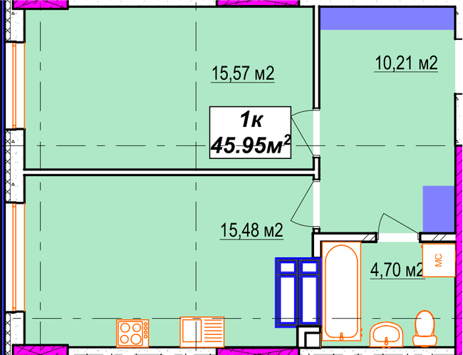 1-кімнатна 45.95 м² в ЖК Aura city від 41 000 грн/м², Київ