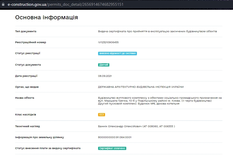 Сертификат о готовности Дом 8, ЖК Сырецкие сады