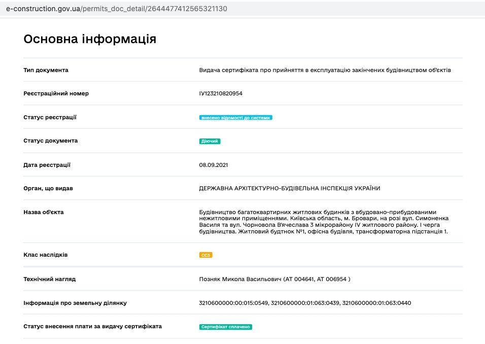 Сертифікат про готовність Дом 1.1 (1А), ЖК Krona Park II