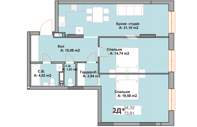 2-кімнатна 73.91 м² в ЖК Vyshgorod Sky від 26 000 грн/м², м. Вишгород