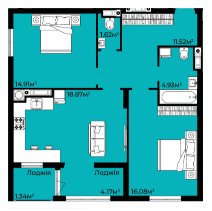 2-кімнатна 73.44 м² в ЖК Континент від 23 000 грн/м², с. Сокільники