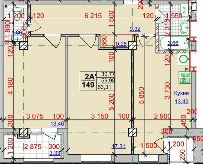 2-кімнатна 63.31 м² в ЖК Спортивний від 27 000 грн/м², Харків