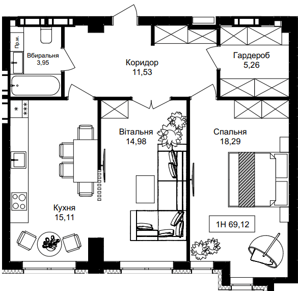1-комнатная 69.12 м² в ЖК Premier Tower от 30 050 грн/м², Винница