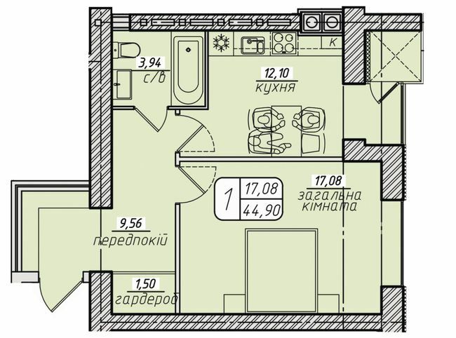 1-комнатная 44.9 м² в ЖК Западный от 22 000 грн/м², Винница