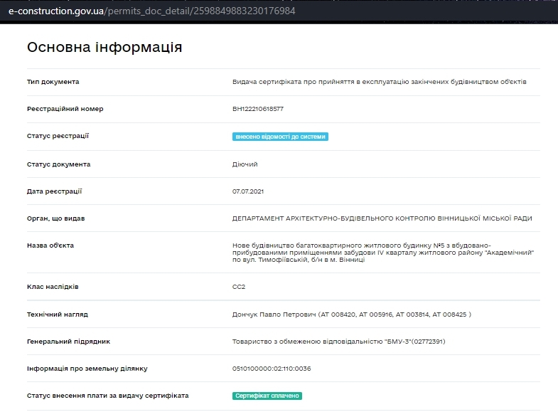 Сертификат о готовности Очередь 4, дом 5, Мкрн Академический