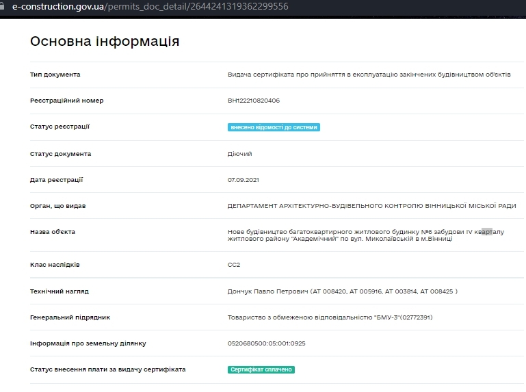 Сертификат о готовности Очередь 4, дом 6, Мкрн Академический